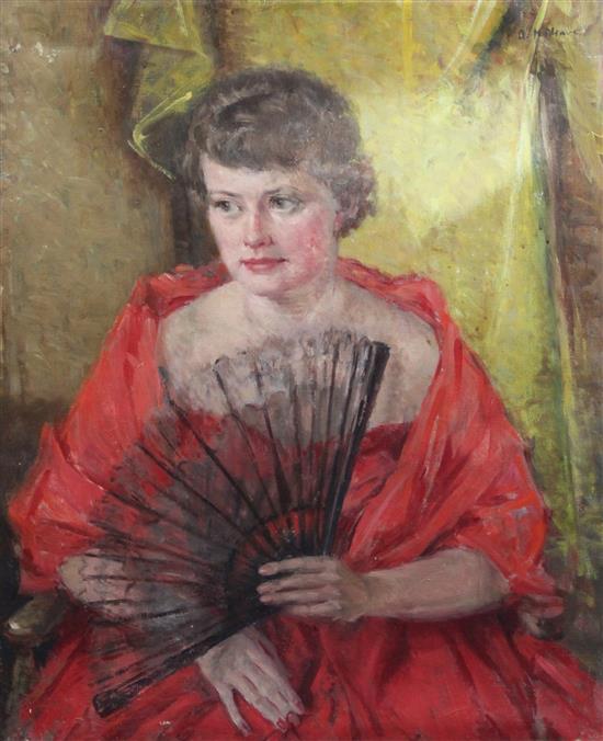 Alice Headley Neave (1903-) Portrait of a woman holding a fan 30 x 25in., unframed